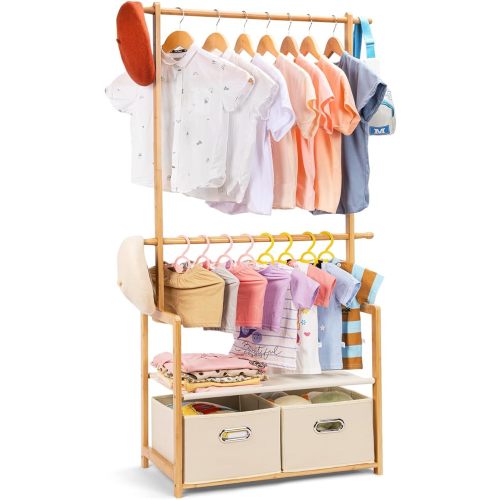 Kids Clothing Rack Bamboo with 2 Storage Baskets and 2 Adjustable Hanging Rods,Child Garment Holder with Shelf, Dress up Racks for Playroom,Toddlers Bedroom (Natural)
