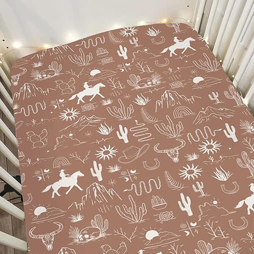 Western Cowboy Baby Crib Sheets Boy Girl 52"x28" Wild West Cactus Mountain Snake Cattle Skull Sun Soft Snug Fitted Crib Mattress Cover Desert Adventure Baby Sheet for Standard Crib & Toddler Mattress