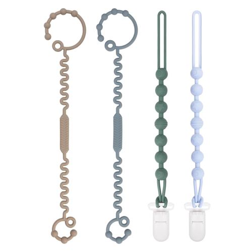 Babygoal Silicone Pacifier Clips 4 Pack,2pcs Pacifier Holder Clip with 2pcs Toy Strap Chain for Baby Boy Girl Fits All Pacifier,Binky,Teething Toys,Highchairs,Car Seat,Strollers-Neutral Color