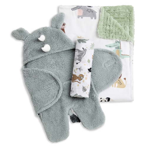 Evolur Safari Snuggles 3 pc Gift Set - Sherpa Sack Wrap, Muslin Wrap & Velour Blanket, Jungle Print