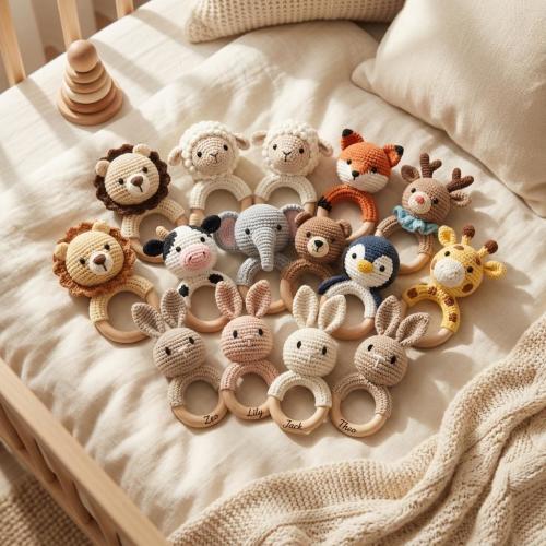 Personalized Baby Rattle with Name, Wooden Teether Toy for Newborn, Montessori Sensory Gift, Baby Shower Gift for Boys Girls