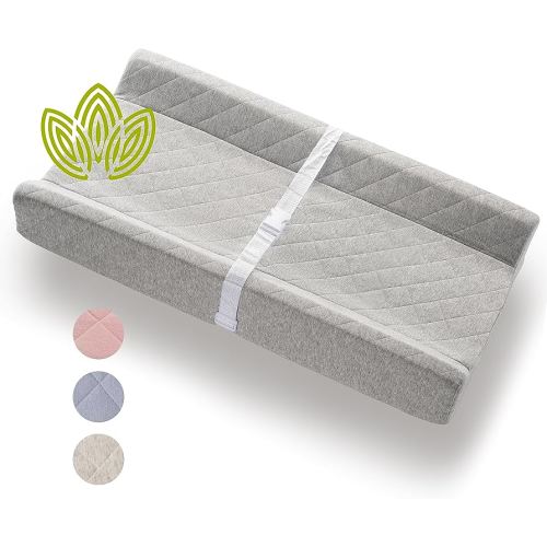 Organic Cotton Contoured Baby Changing Pad w/Waterproof Foam Mattress, Includes Soft, Removable & Washable Cover, Safety Strap, Non-Slip Bottom, Topper for Standard Size Infant Diaper Table & Dresser