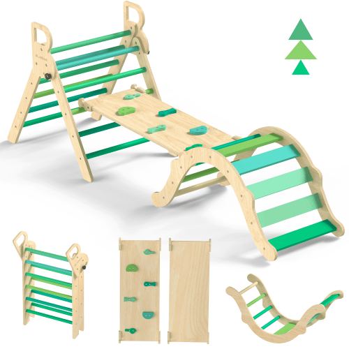 BlueWood Indoor Jungle Gym, 8-in-1 Foldable Wooden Pikler Triangle