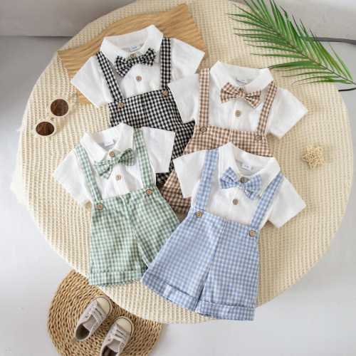 Baby Boy Gentleman Outfit Set, Classic Gingham Overall Shorts and Bowtie Romper for Infant Baptism, Dedication and Easter Celebration