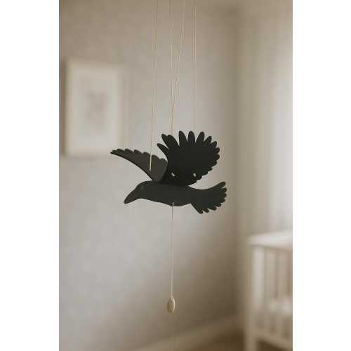 Handmade Wooden Black Raven Mobile – Gothic Bird Decor with Moving Wings