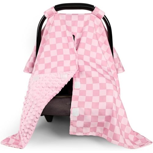 Baby Car Seat Cover, Minky Carseat Cover Baby Girl, Peekaboo Opening Infant Car Seat Cover, Warm Baby Car Seat Canopy for Winter, Pink Checkered