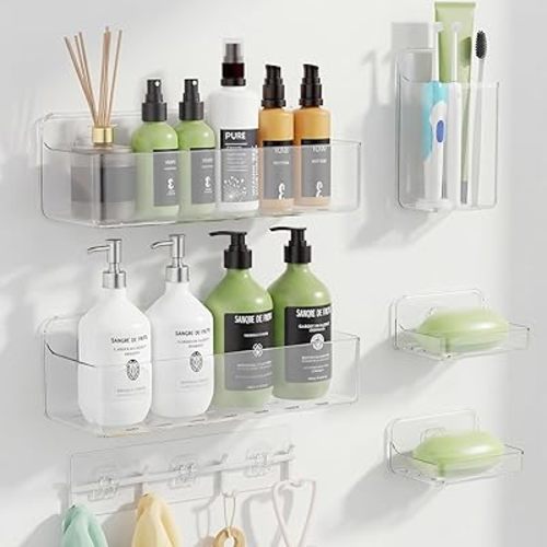 Adhesive Shower Caddy 6 Pack Rustproof Shower Shelves for Inside Shower No Drilling Bathroom Organizers and Storage Large Rack with Soap Holder Clear (clear)