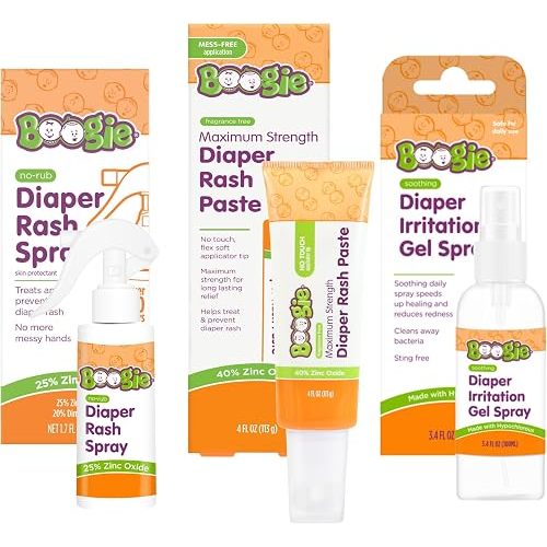 Boogie Diaper Rash Baby Bundle – Rash Spray, Extra Strength Paste, and Irritation Gel Spray – Diaper Bag Essentials for Newborns, Infants, & Toddlers, Set of 3 Baby Must Haves