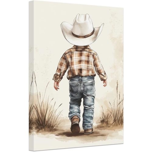 SWQYLB Baby Cowboy Wall Art Cowboy Hat Pictures Cactus Canvas Prints Western Cowboy Theme Nursery Wall Decor Framed (Beige, (12.00" x 18.00"))