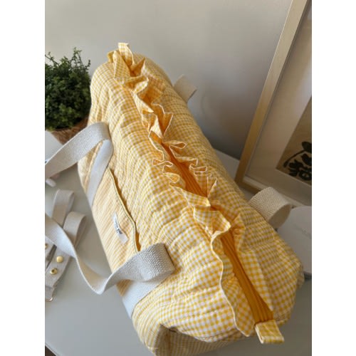 Butter Yellow Gingham Ruffle Stroller Caddy Bag / Travel Weekend Duffle Bag / Baby Shower Gift / Mother Baby Bag with Pockets
