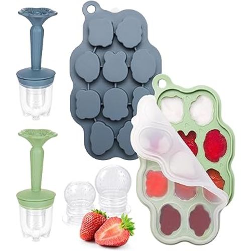KingKam Baby Breastmilk Popsicle Molds & Baby Fruit Feeder (2 Pack), BPA Free Baby Food Teether Tray with Lids, Silicone Baby Food Teether Feeder, Teething Popsicle for Baby 4m+