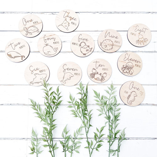 Sea Creatures Wooden Baby Milestone Card & Disc Set - for Baby's Age, First Baby Milestones, Moments, Events and Achievements