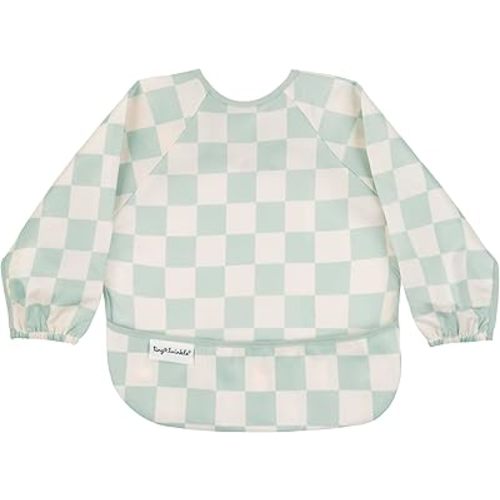 Tiny Twinkle Long Sleeve Bib for Babies & Toddlers – Waterproof Smock Bib for Eating – Machine Washable & Mess-Proof, Baby Feeding Essential & Shower Must-Have(Checkers Sage, 6–24M)