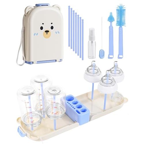 Travel Bottle Cleaner kit, 7in1 Baby Travel Gear Silicone Travel Bottle Brush Set Nipple Drying Rack, Straw Breast Pump Cleaning Soap Dispenser Organizer Case Mon Gift (Blue)