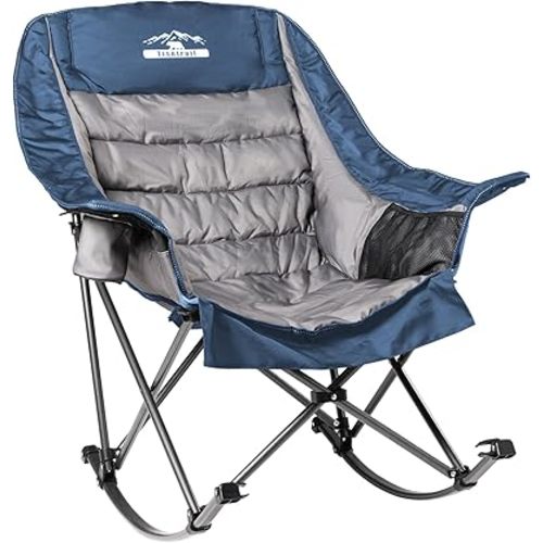 Oversized Rocking Camping Chair, Fully Padded Camp Chairs for Adults with Side Pocket and Cup Holder, Heavy-Duty 400lbs Capacity, Blue & Gray