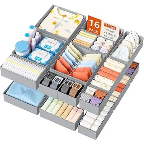 DIMJ Drawer Organizer Clothes - 16 Pack Baby Dresser Organizer for Nursery, Foldable Drawer Organizer Bins for Closet Bedroom Organization, Fabric Clothes Storage Dividers for Underwears, Socks, Bras