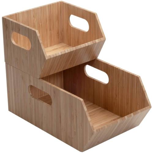 Mobilevision Bamboo Storage Bins for Pantry & Kitchen Cabinet Organizer Multi-Purpose 2 Piece Stackable Set