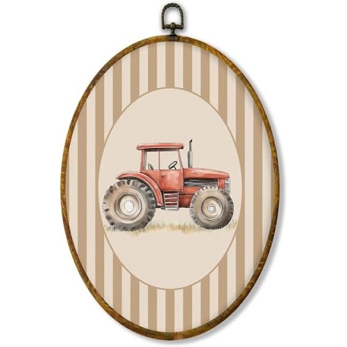 shiviody Red Tractor Nursery Canvas Wall Art Decor, Beige Striped Rustic Nursery Decor, Farmhouse Oval Hanging Frame Prints Decorations for Home Kids Toddler Room Bedroom Playroom 8.6"x11.4"