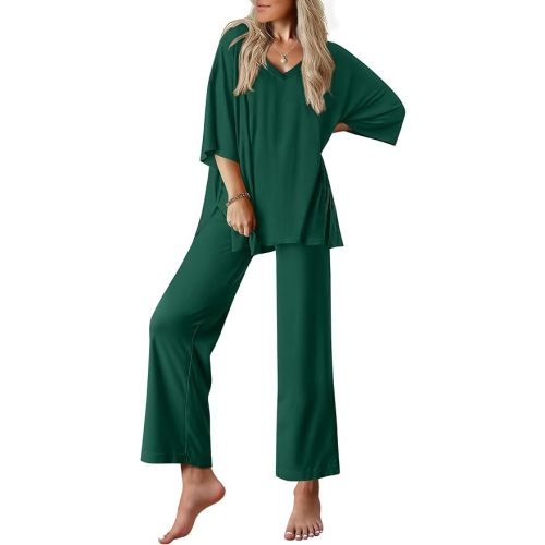 Siz Large-Ekouaer Lounge Sets for Women Short Sleeve Tops and Long Pants Pajamas Set