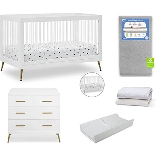 Delta Children Sloane Crib 7-Piece Baby Nursery Furniture Set–Includes: Convertible Crib, Dresser, Changing Top, Crib Mattress, Fitted Sheets, Toddler Guardrail & Changing Pad, White w/Melted Bronze