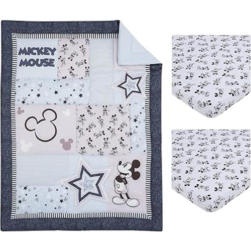 Disney Mickey Mouse Timeless Mickey Gray, White, & Blue Stars & Icons 3Piece Nursery Mini Crib Bedding Set - Comforter & Two Fitted Mini Crib Sheets, Navy, Grey, Black, White
