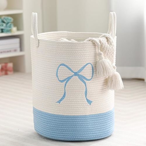 Honeydak Blue Laundry Basket Bow Hamper Coquette Laundry Basket Cotton Rope Blue Hamper 15 x 17.7 Inches Toy Box Large Coquette Bow Teens Girls Room Storage for Blanket Toys Clothes Organization