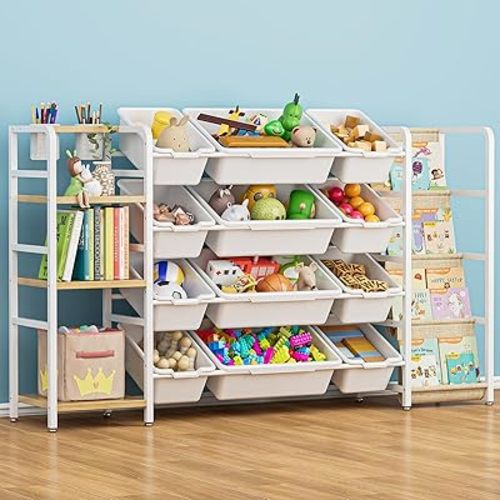 Toy Storage Organizer with 4-Tier Bookshelf, 57" Extra Wide Kids Toy Storage Shelf with 12 Bins, Large Metal Kids Bookcase for Playroom Organization and Nursery Room Decor, White