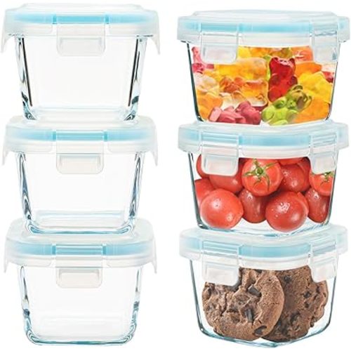 Small Glass Containers 6 Pack, 6 oz Reusable, Airtight, Leakproof Mini Food Storage Containers with Lids