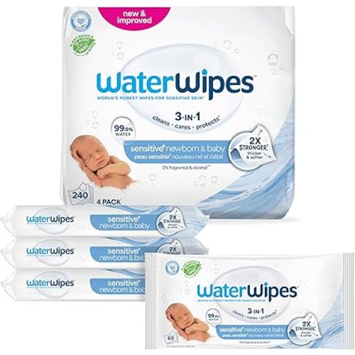 WaterWipes Sensitive+ Newborn & Baby Wipes, 3-In-1 Cleans, Cares, Protects, 99.9% Water, Unscented & Hypoallergenic, 240 Count (4 Packs)