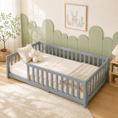 uhomepro, Twin Montessori Floor Bed, Gray, Solid Rubber Wood