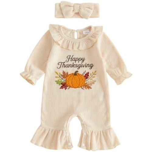 Thanksgiving Baby Girl Outfit Newborn Ruffle Romper with Headband Set