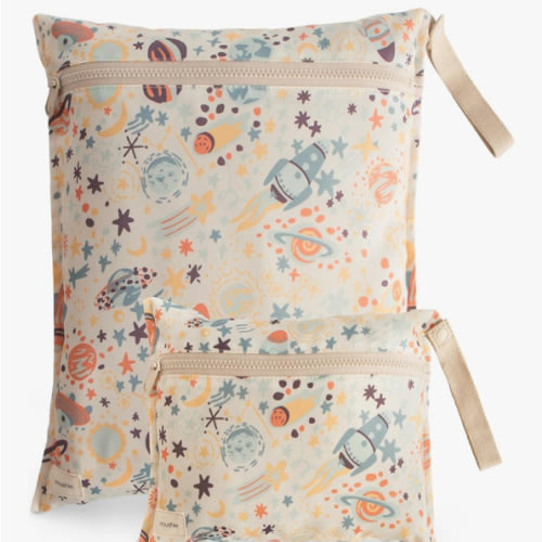 mushie Water Resistant Wet Bags | Large & Small Reusable Storage Bag for Baby Items and Travel | Zippered Pockets with Handle | Machine Washable, Set of 2 (Space)