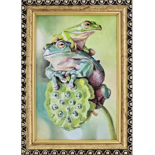 Original Oil Painting Two Frogs Sitting On Green Plant Small 4x6 Framed Wildlife Artwork