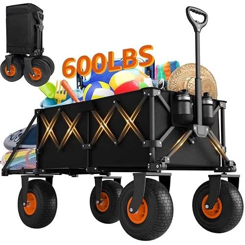 Beach Wagon with Big Wheels for Sand - Heavy Duty 10" Wheel Collapsible Wagons Foldable Large Wagon Cart Folding All Terrain for Camping
