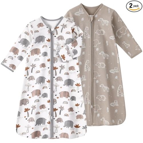 Baby Sleep Sack 0-6 Months, Long Sleeve Baby Wearable Blanket 0.5 Tog with Mittens, 2-Way Zipper Newborn Cotton Sleeping Sack for Boy and Girl Grey Elephant 2 Pack (Small)