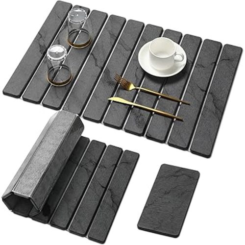 2 PCS Large Stone Dish Drying Mat for Kitchen Counter,Quick Dry Stone Dishes Mats,Marbled Water Absorbing Diatomaceous Earth Drying Pad for Countertop Bottles Utensils Cups(Dark Gray 24"×16" & 8"x4")