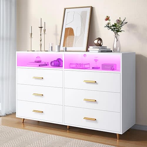 EnHomee White Dresser with LED Lights, 6 Drawers & 2 Open Shelves Top Dresser for Bedroom, Wood Chests of Drawers