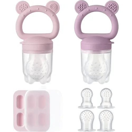 2 Pack Silicone Baby Fruit Feeder with Mini Freezer Tray, Breastmilk Popsicle Molds for Infant Teething Relief, Baby Teethers, Fresh Food Feeder for Safe Infant Self Feeding - Purple