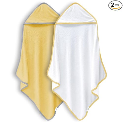 2 Pack Premium Baby Bath Towel - Rayon Made from Bamboo, Hooded Towels for Babies,Toddler,Infant - Newborn Essential -Perfect Baby Registry Gifts (White and Yellow, 30 x 30 Inch)