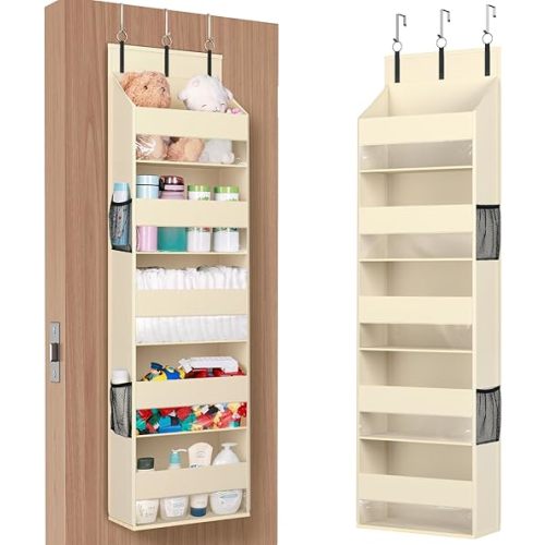 Lifewit 1 Pack Over the Door Organizer, Clear Window Hanging Storage with 4 Mesh Side Pockets, Anti Tilt 40 lbs Load Behind Door for Pantry, Nursery, Bathroom, Bedroom, Dorm, 5 Section, Beige