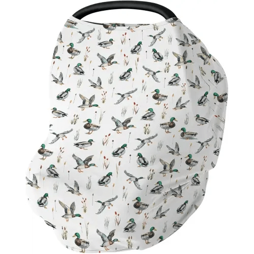 Watercolor Mallard Ducks Car Seat Cover for Babies Duck Hunting Stretchy 5-in-1 Cover Adjustable Car Canopy Cover Wild Ducks Birds Nursery Breathable Nursing Cover-Up