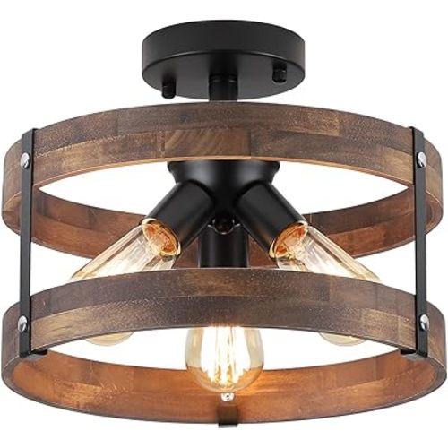 3-Light Rustic Farmhouse Wood Flush Mount Ceiling Light Fixture Oak Wood Round Drum Semi Flush Mount Ceiling Light for Hallway Hall Entry Bedroom Farmhouse Indoor, Black