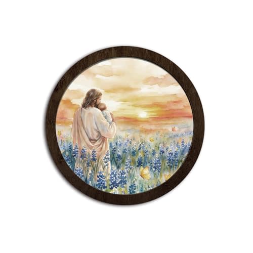 CFFJLHN Vintage Christian Jesus and Nursery Wall Art Decor, Neutral Religious Jesus Holding Nursery Biblical Round Hanging Wall Decor for Baby Nursery Bedroom Living Room Church, 10x10 Inch
