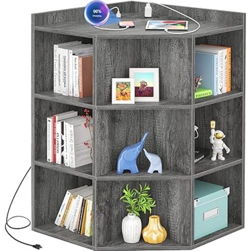 Aheaplus Corner Cabinet, Corner Storage with USB Ports and Outlets, Corner Cube Toy Storage for Small Space, Wooden Cubby Bookshelf with 9 Cubes for Playroom, Bedroom, Living Room, Grey Oak