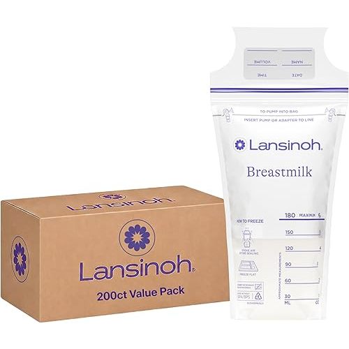 Lansinoh Breastmilk Storage Bags, 200 Count Value Pack, Baby Essentials, Leak-Proof, Fast Freeze & Thaw Breast Milk Bags for Baby Bottle Feeding, Strength & Stretch, 6 Ounce