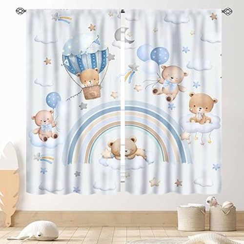 Bear Curtains for Kids Room, Baby Boys Girls Cute Lovely Bear Cloud Boho Rainbow Pastel Blue Window Drapery Treatments for Living Room Bedroom Nursey Toddler Classroom 2 Panels, 42"x45" Inch