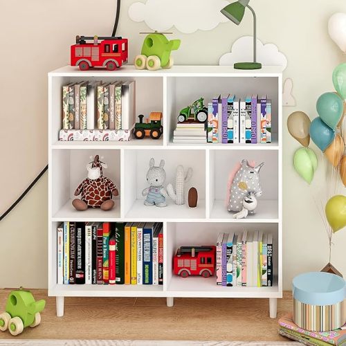 7 Cube Storage Organizer, Kids Cube Bookshelf, White Cubby Bookcase with Closed Back Panel, Thickened Panels, Anti-Tip Kit
