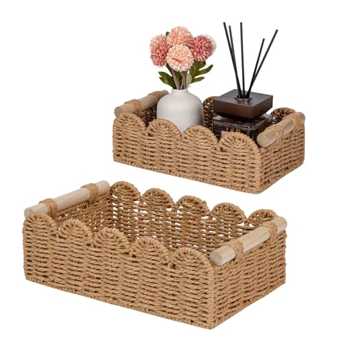 CubesLand Paper Rope Scalloped Edge Decor Baskets for Home, Living Room, Bedroom, Toilet Basket for Over Toilet Storage Shelf, End Table, Shelves and More, Both Storage&Decor, Set 2 Neutral
