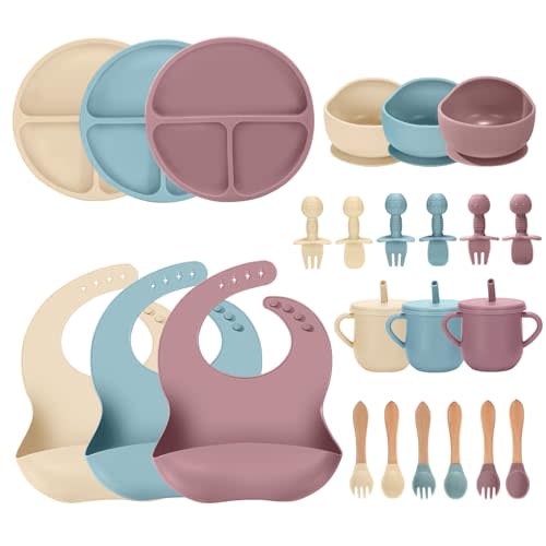 JELLDJK 24 PCS Silicone Baby Feeding Set, Baby Led Weaning Supplies Includes Suction Bowls and Divided Plates, Adjustable Silicone Bib, Spoons&forks, Training cup with straw(Pink+Blue+Beige)
