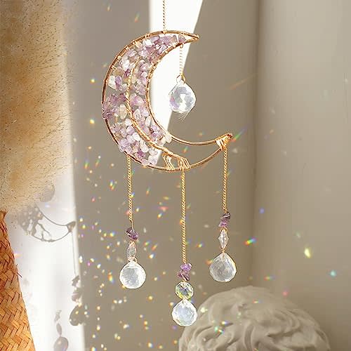 Crystal Moon Suncacher-Sun Catchers Indoor Window Prism Moon | Crystal Dream Catcher Natural Healing Stones Rainbow Maker Garden Car Decoration Outdoor (Amethys)
